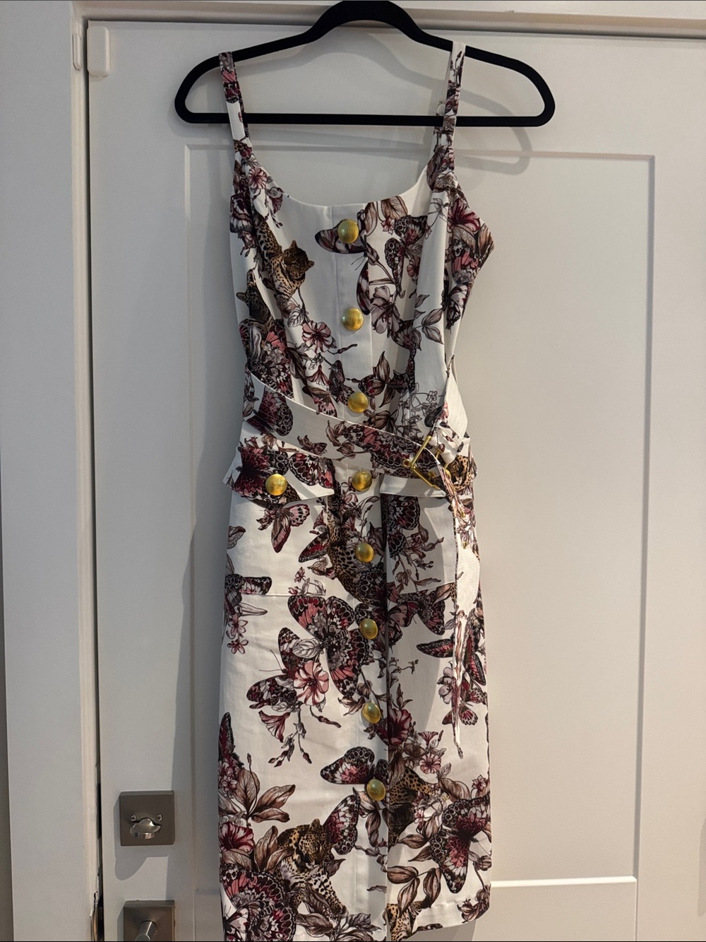 L'AGENCE White Floral & Butterfly Midi Dress with Gold Buttons